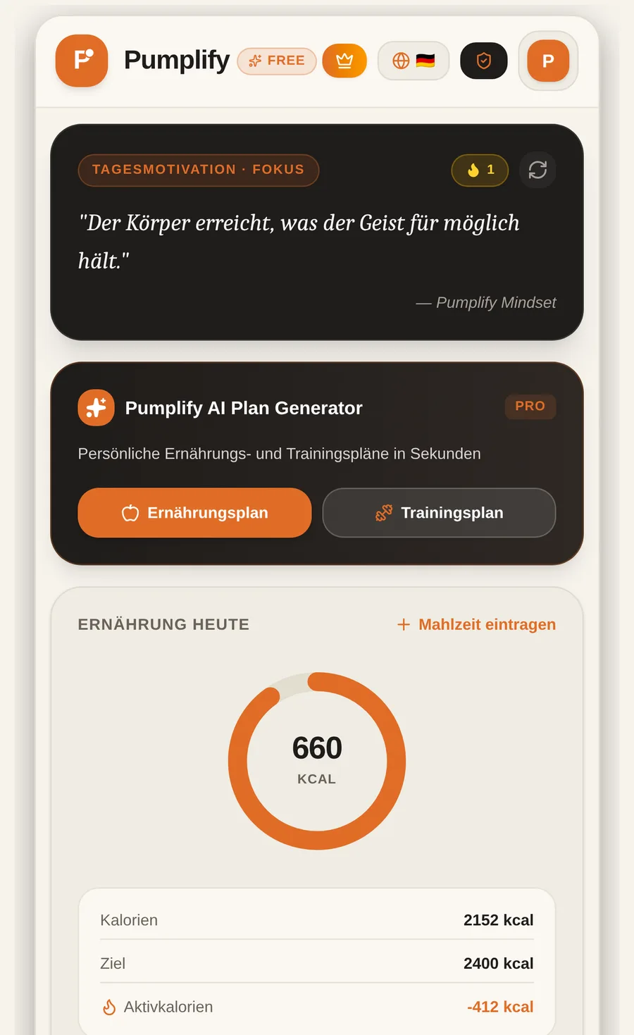 Screenshot der Pumplify-App: Ernährungs- und Trainings-Tracking